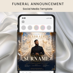 Blue & Gold Funeral Announcement Flyer, Celebration of Life Evite (Digital Download Canva Template 1080x1080px )