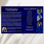 Blue & Gold Roses Funeral Program Template, Memorial Obituary (Canva Template)
