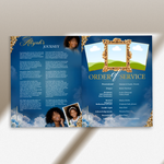 Blue Elegant Funeral Program Canva Template | White Rose Green Gold Theme | 8 Page Memorial Booklet