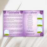 White & Purple Roses Funeral Program Template, Memorial Obituary (Canva Template)