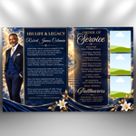 Blue and Gold Funeral Program Template: 8-Page Memorial, 1 T-Shirt (Canva PDF)