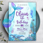 Sea Animal Birthday Invitation, Blue Illustrative Printable (Canva Editable, PDF Download)