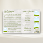 Green & White Roses Funeral Program Template: 8-Page Memorial (Canva PDF)