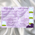 Purple & Gold Roses Funeral Program Template, Memorial Obituary (Canva Template)