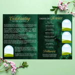 Green & Gold Roses Funeral Program Template, Memorial Obituary (Canva Template)