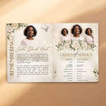White & Gold Elegant Funeral Program Canva Template | White Rose Green Gold Theme | 8 Page Memorial Booklet