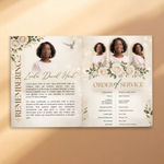 White & Gold Elegant Funeral Program Canva Template | White Rose Green Gold Theme | 8 Page Memorial Booklet