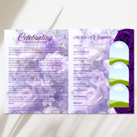 Purple Roses Funeral Program Template, Memorial Obituary (Canva Template)