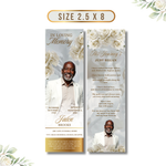 White Gold Roses Memorial Bookmark Template: Funeral Keepsake (Canva PDF)