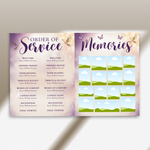 Elegant Funeral Program Canva Template | Purple & Gold Theme | 8 Page Memorial Booklet