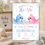 Dolphin Gender Reveal Invitation, Waddle It Be Invite, Baby Boy Or Girl, Printable Spring Party Template, He Or She