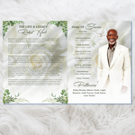 White & Green Funeral Program Template: Roses Design, Celebration of Life (Canva, PDF Download)