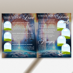 Editable 8 page funeral program Canva template with Heavenly Dove memorial theme booklet layout