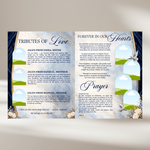 Blue & White Roses Funeral Announcement Flyer: Obituary, Celebration of Life (Canva Template PDF)