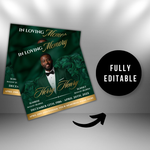 Green & Gold Roses Funeral Announcement Flyer: Obituary, Celebration of Life (Canva Template PDF)