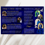 Blue & Gold Roses Funeral Program Template, Memorial Obituary (Canva Template)
