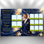 Blue and Gold Funeral Program Template: 8-Page Memorial, 1 T-Shirt (Canva PDF)