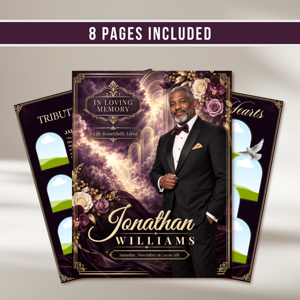 Purple Roses Funeral Program Template: 8-Page Memorial (Canva PDF)
