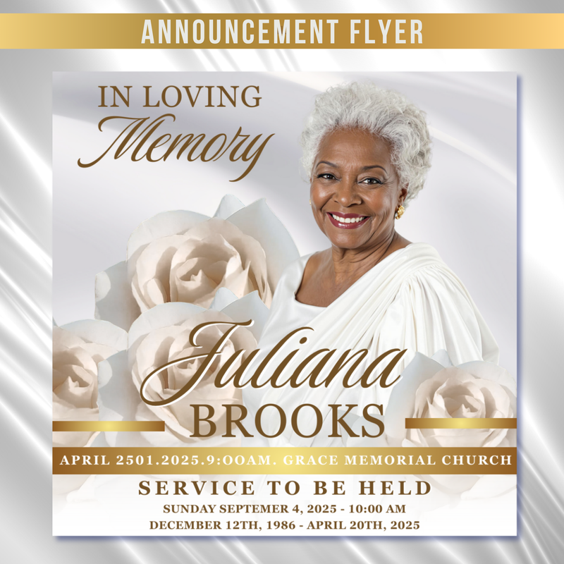 White Gold Funeral Announcement Flyer: Editable Canva Template (Digital Download)