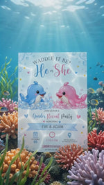 Dolphin Gender Reveal Invitation, Waddle It Be Invite, Baby Boy Or Girl, Printable Spring Party Template, He Or She